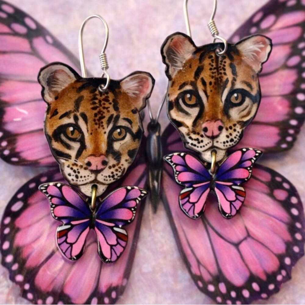 Handpainted Ocelot earrings cats butterflies OOAK wildcats leopards